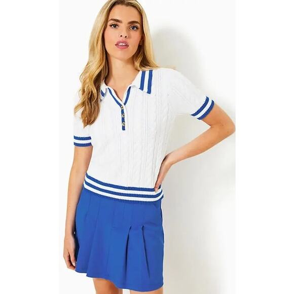Lilly Pulitzer Sweaters - Lilly Pulitzer Suzette Short Sleeve Polo Sweater White Martinique Blue Medium